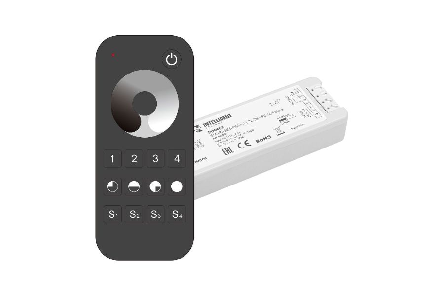 Диммер Arlight SMART-SET-PWM-101-72-DIM-PD-SUF Black (5-36V, 1x8A, x4, ПДУ 13кн, 2.4G) 036201