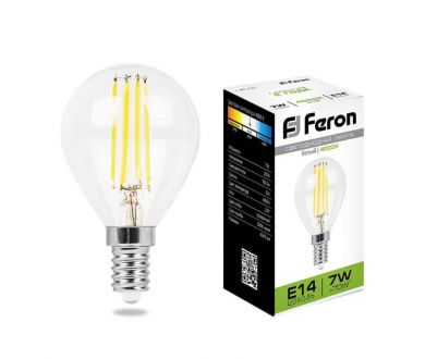 Лампа светодиодная филаментная Feron E14 7W 4000K Шар Прозрачная LB-52 25875