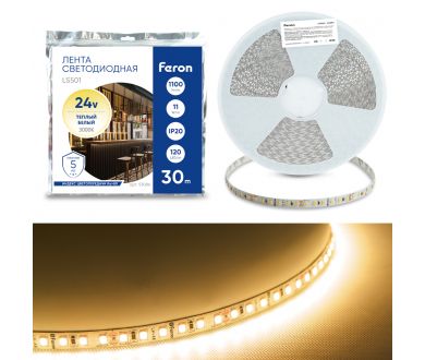 Купить Светодиодная лента 24V Feron LS501, 120*SMD2835, 11W/m, IP20, 3000К (теплый белый) 53086 Светодиодная лента 24V Feron LS501, 120*SMD2835, 11W/m, IP20, 3000К (теплый белый) 53086