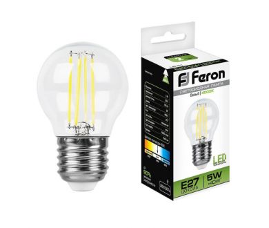 Купить Лампа светодиодная филаментная Feron E27 5W 4000K Шар Прозрачная LB-61 25582 Лампа светодиодная филаментная Feron E27 5W 4000K Шар Прозрачная LB-61 25582