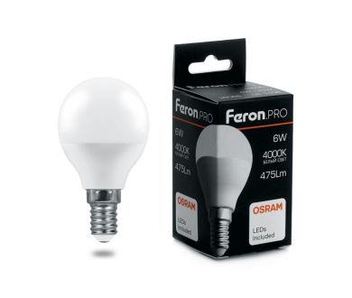 Купить Лампа светодиодная Feron E14 6W 4000K шар матовый LB-1406 38066 Лампа светодиодная Feron E14 6W 4000K шар матовый LB-1406 38066