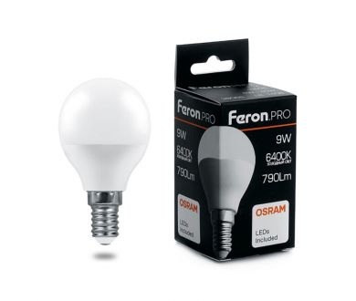 Купить Лампа светодиодная Feron Pro E14 9W 6400K шар матовый LB-1409 38079 Лампа светодиодная Feron Pro E14 9W 6400K шар матовый LB-1409 38079
